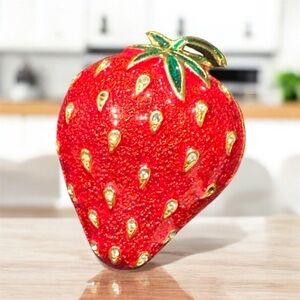 Vintage AJC Enamel Strawberry Brooch | Gold-Tone Red Fruit Pin